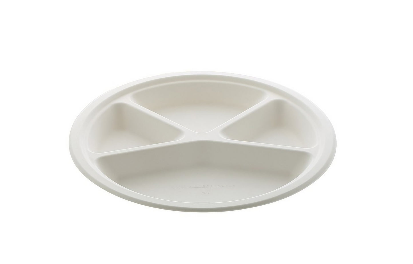 Durable 12-inch 4 Compartment round plate made from natural bagasse fiber, compostable, sturdy for serving meals and snacks in restaurants, catering, and takeaway service.
