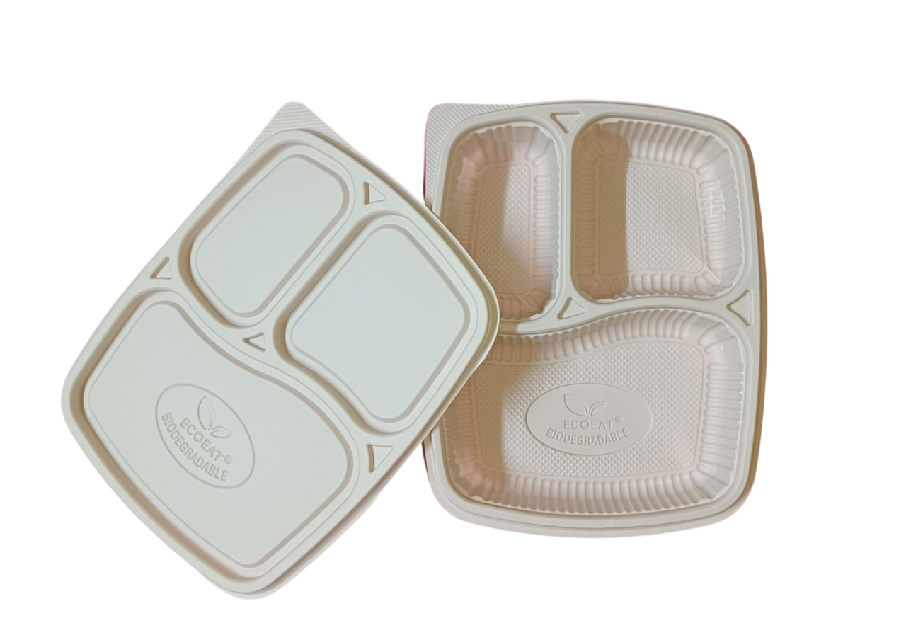 3 Compartment Cornstarch Meal Tray Biodegradable with lid