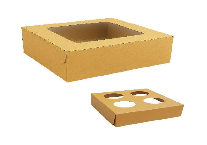 L8xW8xH4 inch 4 Cupcake Box Brown Virgin Kraft Paper With Window-1000/Ctn