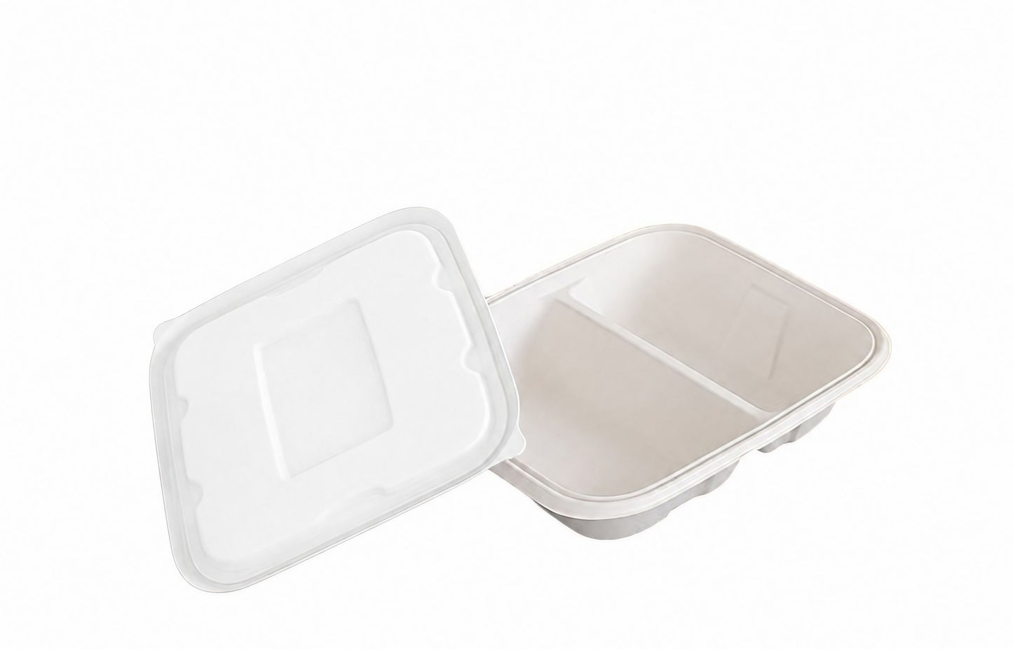 Eco-friendly bagasse tray with lid two compartments for easy meal separation, strong, compostable, and ideal for restaurants, canteens, and takeaway food service