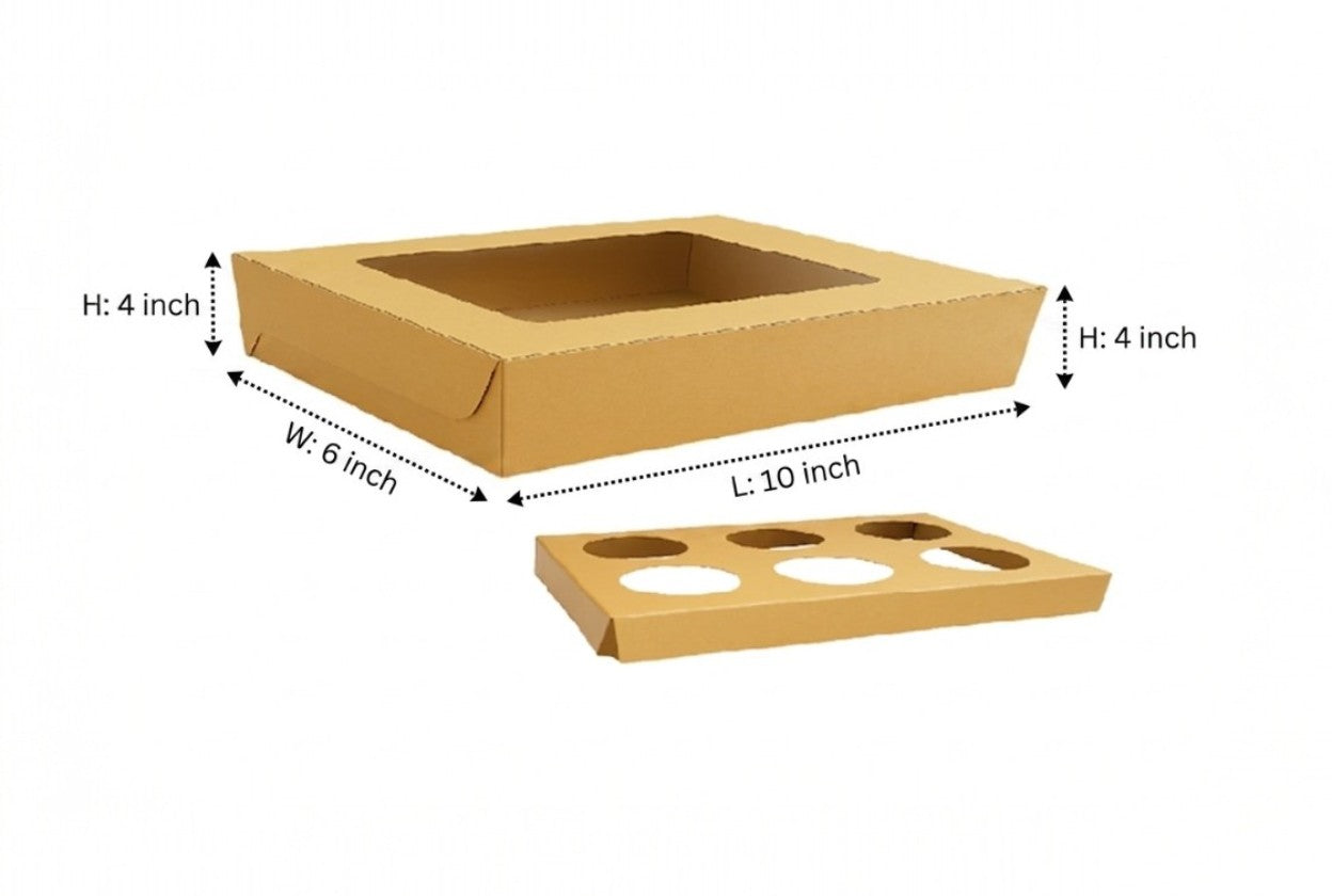 L10xW6xH4 inch 6 Cupcake Box Brown Virgin Kraft Paper With Window-1000/Ctn