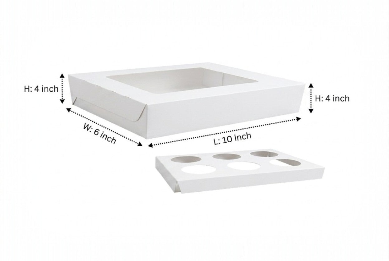 L10xW6xH4 inch 6 Cupcake Box White Virgin Kraft Paper With Window-1000/Ctn