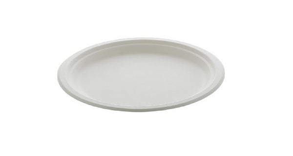 Durable 10-inch round plate made from natural bagasse fiber, compostable, sturdy for serving meals and snacks in restaurants, catering, and takeaway service.