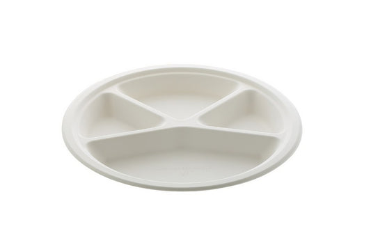 Durable 12-inch 4 Compartment round plate made from natural bagasse fiber, compostable, sturdy for serving meals and snacks in restaurants, catering, and takeaway service.