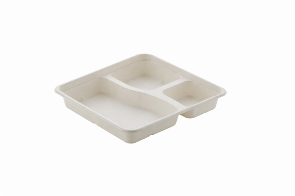 Eco-friendly bagasse tray with three compartments for easy meal separation, strong, compostable, and ideal for restaurants, canteens, and takeaway food service