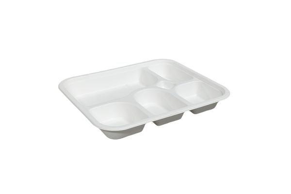 Eco-friendly bagasse tray with Five compartments for easy meal separation, strong, compostable, and ideal for restaurants, canteens, and takeaway food service