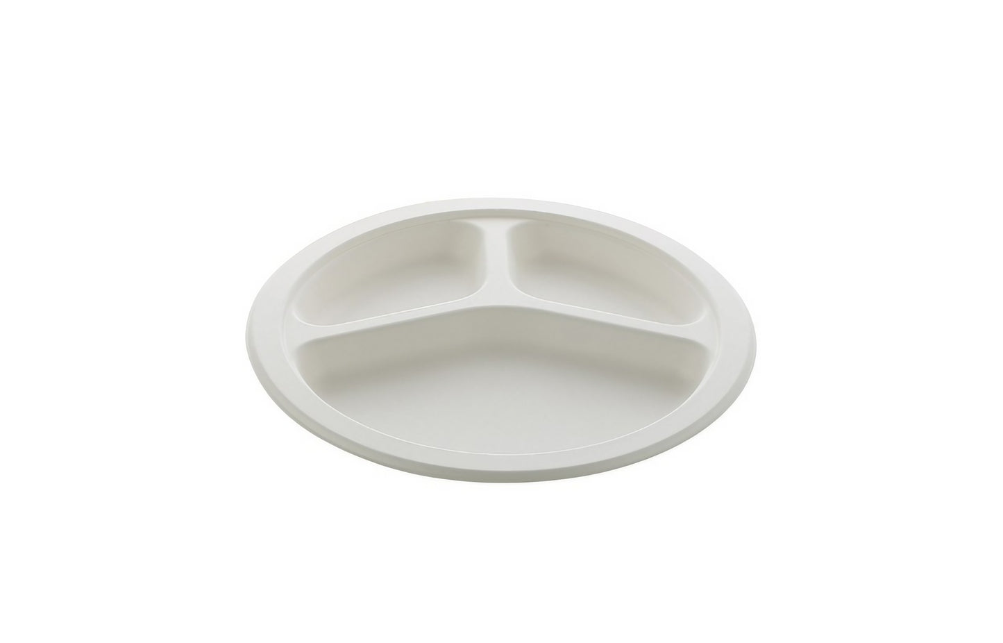 Durable 9-inch 3 Compartment round plate made from natural bagasse fiber, compostable, sturdy for serving meals and snacks in restaurants, catering, and takeaway service.