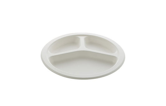 Durable 9-inch 3 Compartment round plate made from natural bagasse fiber, compostable, sturdy for serving meals and snacks in restaurants, catering, and takeaway service.