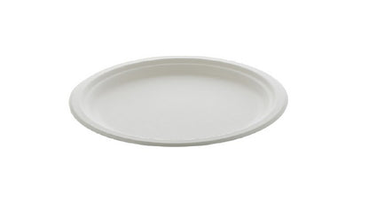Durable 9-inch round plate made from natural bagasse fiber, compostable, sturdy for serving meals and snacks in restaurants, catering, and takeaway service.