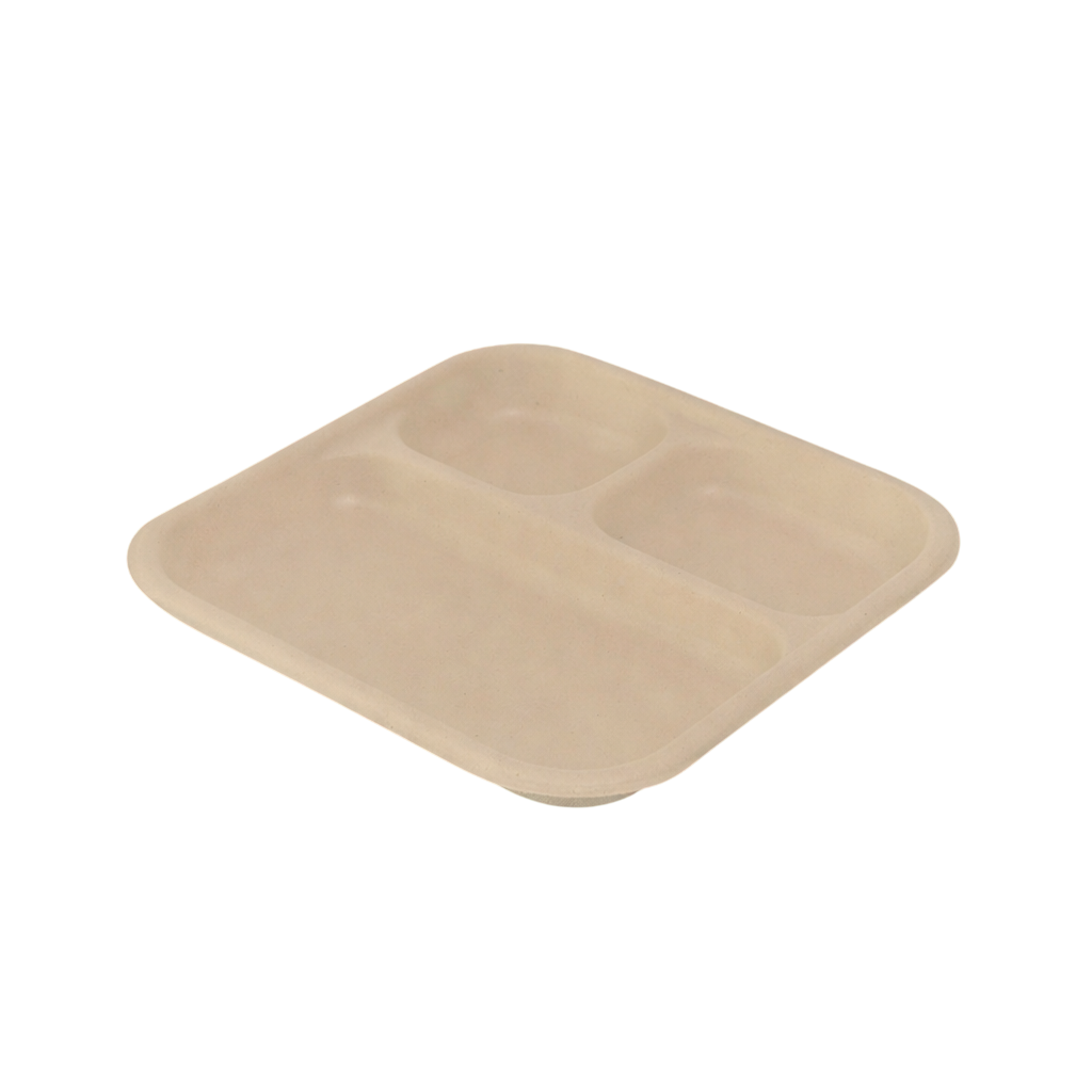 Eco-friendly bagasse tray with three compartments for easy meal separation, strong, compostable, and ideal for restaurants, canteens, and takeaway food service