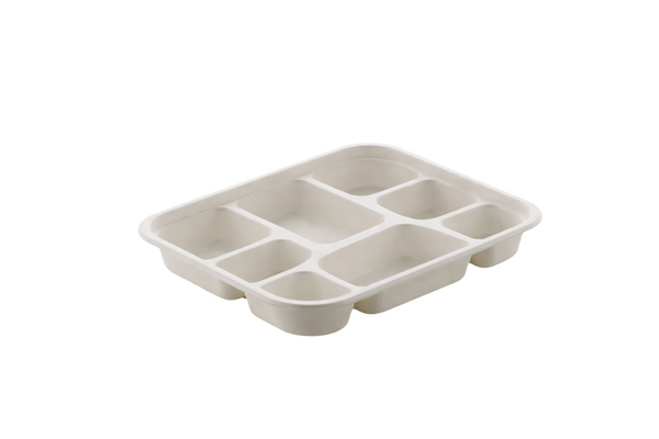 Eco-friendly bagasse tray with Eight compartments for easy meal separation, strong, compostable, and ideal for restaurants, canteens, and takeaway food service