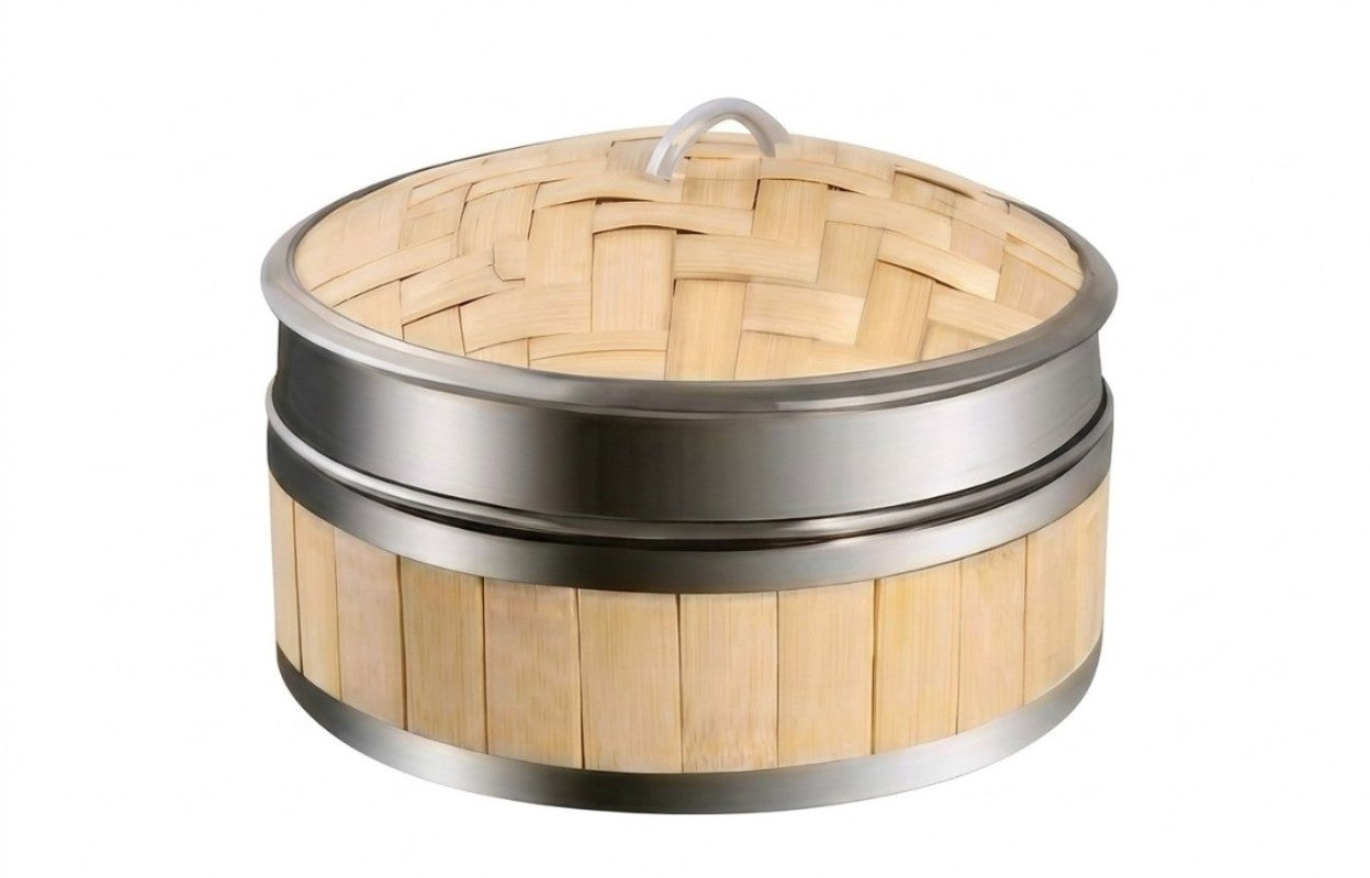 Wooden Dimsum Basket with SS Boarder 20cm
