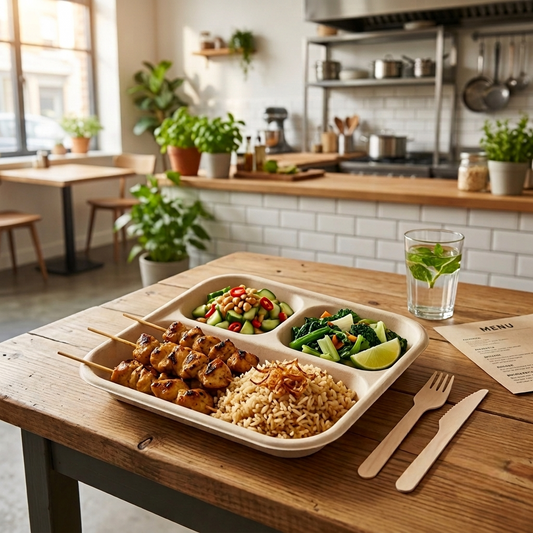 Eco-friendly bagasse tray with three compartments for easy meal separation, strong, compostable, and ideal for restaurants, canteens, and takeaway food service