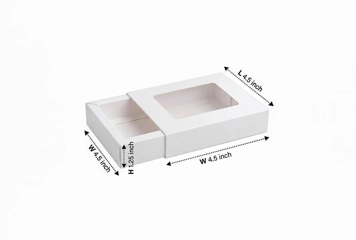 L4.5xW4.5xH1.25 inch 4 Piece Chocolate Slider Box White Virgin Kraft Paper With Window-1000/Ctn