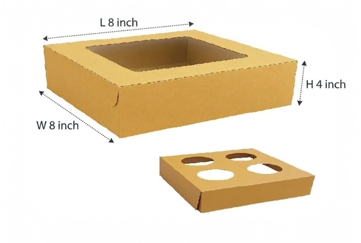 L8xW8xH4 inch 4 Cupcake Box Brown Virgin Kraft Paper With Window-1000/Ctn