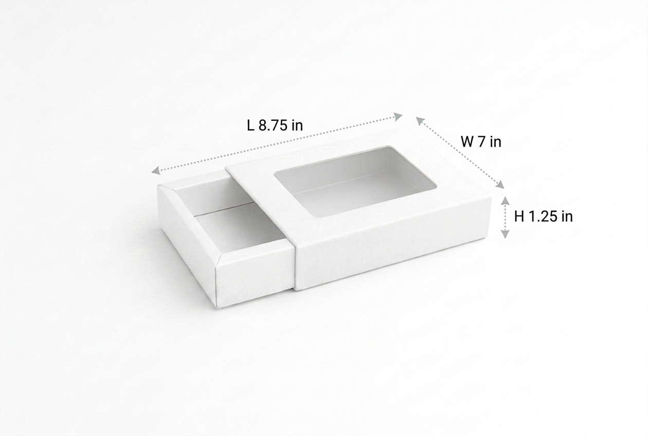 L8.75xW7xH1.25 inch 12 Piece Chocolate Slider Box White Virgin Kraft Paper With Window-1000/Ctn