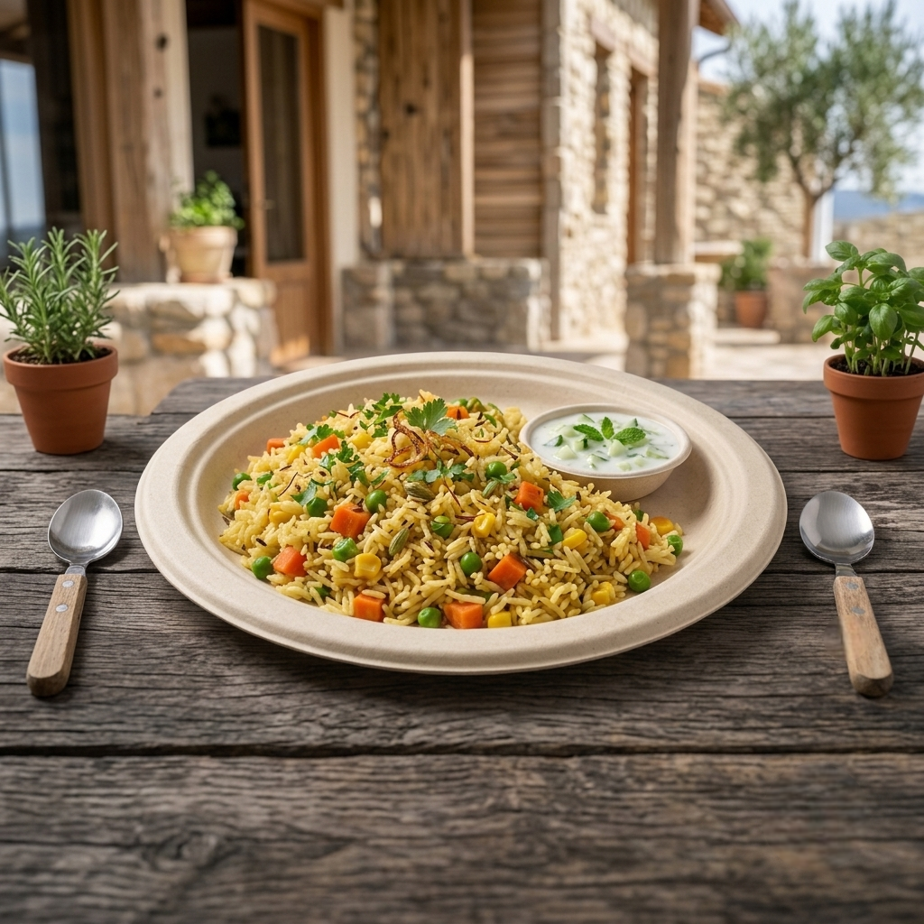Durable 9-inch round plate made from natural bagasse fiber, compostable, sturdy for serving meals and snacks in restaurants, catering, and takeaway service.