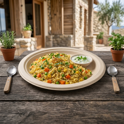 Durable 9-inch round plate made from natural bagasse fiber, compostable, sturdy for serving meals and snacks in restaurants, catering, and takeaway service.