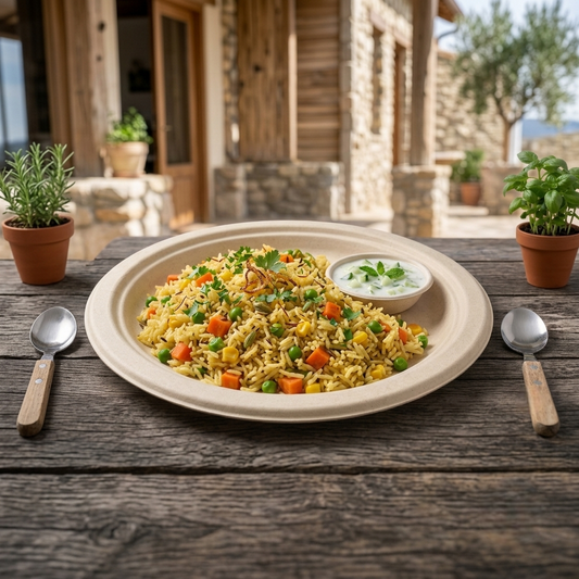 Durable 9-inch round plate made from natural bagasse fiber, compostable, sturdy for serving meals and snacks in restaurants, catering, and takeaway service.